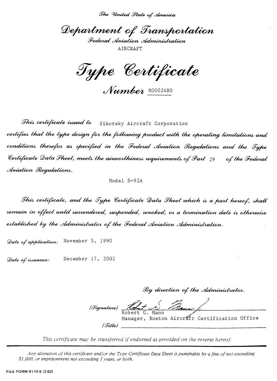 Type certificate. FAA Certificate.
